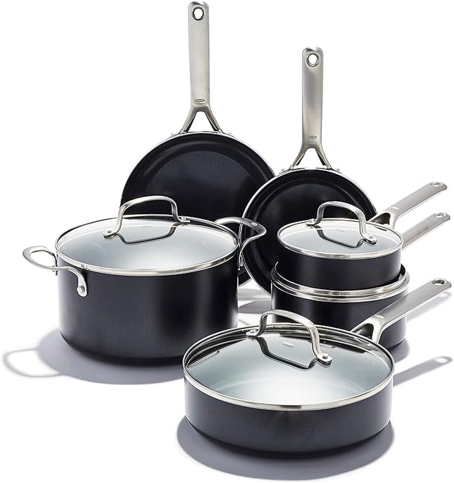 OXO Agility Series 10 Piece Cookware Pots and Pans Set, Ceramic Nonstick PFAS-Free, Induction, Skillets,Saucepans,Lids,Even Heating,Stainless Steel Handles,Chip-Free Rims,Dishwasher & Oven Safe,Black