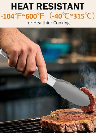 Kitchen Tongs, Stainless Steel Silicone Tongs for Cooking 600ºF High Heat-Resistant BBQ Grilling Locking Tongs, Set of 2-9" and 12" Light Grey