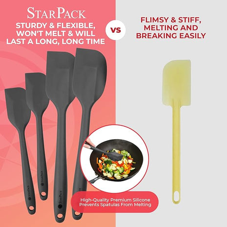 StarPack Basics Silicone Spatula Set (2 Small, 2 Large), High Heat Resistant to 480°F, Hygienic One Piece Design, Non Stick Rubber Cooking Utensil Set (Gray Black)