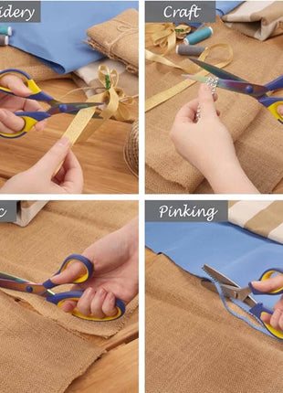 BambooMN Titanium Softgrip Scissors Set - Pinking, Sewing, Arts, Crafts, Office - 10 Sets of 4 - Blue w/Yellow