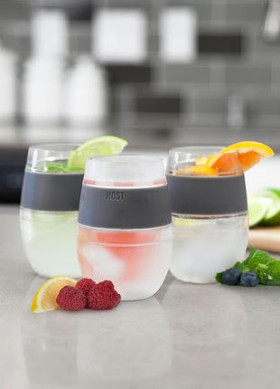 HOST 2962 Freeze Stemless Red & White Wine Tumbler Cups, Insulated Plastic Glass, Set of 2, 8.5 oz, Grey Silicone Bands