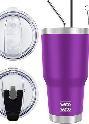 WETOWETO 30 oz Tumbler with 2 Lids and 2 Straws,18/8 Stainless Steel Vacuum Insulated Coffee Tumbler,Insulated Travel Mug Water Cup with Leak-Proof Straw Lid & Flip Lid (Purple, 1 Pack)