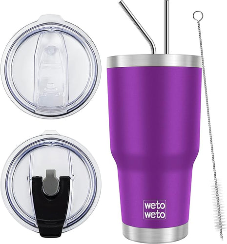 WETOWETO 30 oz Tumbler with 2 Lids and 2 Straws,18/8 Stainless Steel Vacuum Insulated Coffee Tumbler,Insulated Travel Mug Water Cup with Leak-Proof Straw Lid & Flip Lid (Purple, 1 Pack)