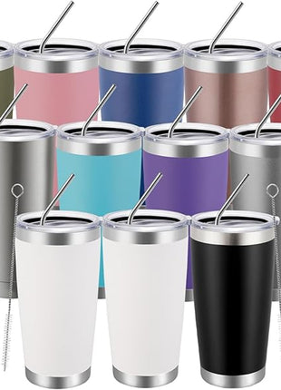 MEWAY 20oz Tumbler 12 Pack Double Wall Vacuum Insulated Travel Mug Bulk, Mix Color Stainless Steel Tumblers with Lid and Straw, Durable Powder Coated Coffee Cups for Cold & Hot Drinks（Mix Color, 12