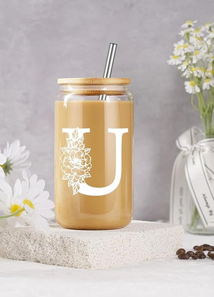 Coolife Initial Glass Cup, Monogrammed Gifts for Women, 16 oz Glass Cups w/Lids Straws, Iced Coffee Smoothie Beer Tumbler w/Straw Lid - Personalized Christmas, Birthday Gifts for Her Mom Friend Woman