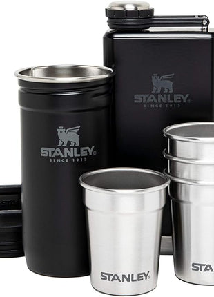 Stanley Adventure Pre-Party Flask and Nesting Shot Glass Set | 8 oz Leakproof Hip Flask | 4 Shot Glasses in Travel Carrying Case | Insulated Stainless Steel Liquor Flask | BPA-Free | Matte Black