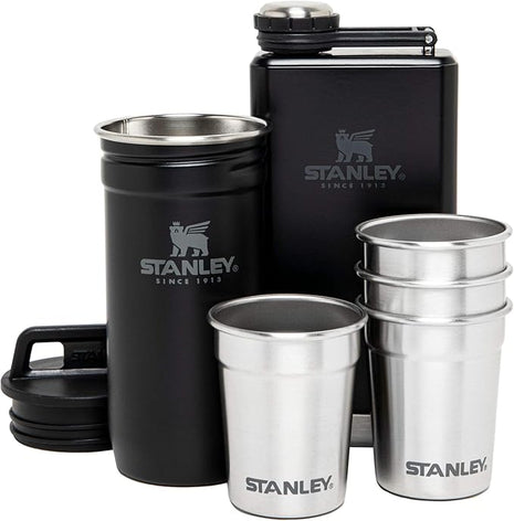 Stanley Adventure Pre-Party Flask and Nesting Shot Glass Set | 8 oz Leakproof Hip Flask | 4 Shot Glasses in Travel Carrying Case | Insulated Stainless Steel Liquor Flask | BPA-Free | Matte Black