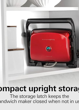 Hamilton Beach Panini Press Sandwich Maker & Electric Indoor Grill with Locking Lid, Opens Wide to Fit Any Thickness for Quesadillas, Burgers & More, Nonstick 8" x 10" Grids, Red (25462Z)
