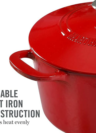 MARTHA STEWART Gatwick 7-Quart Enamel Cast Iron Dutch Oven Pot with Lid – Red – Durable Heavy-Duty Dutch Oven for Slow Cooking, Braising & Baking