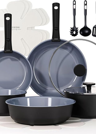 CAROTE 17PCS Ceramic Cookware Sets, Black and Gray, Pots and Pans Set Non Stick Non Toxic, Induction Cookware, Kitchen Cookware Sets, Pots Set for Healthy Cooking