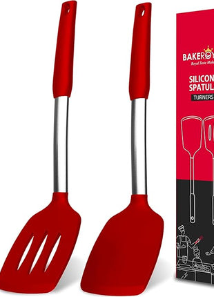Silicone Spatula Set - Turner Spatulas Silicone Heat Resistant 600°F - Slotted & Solid Spatula for Cooking Fish, Eggs, Pancakes Flipper – Spatulas for kitchen use – Red