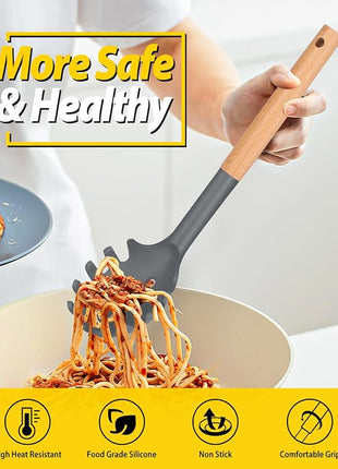 Silicone Pasta Fork and Ladle Spoon Set with Wooden Handle, Heat Resistant Non Stick Kitchen Utensils for Cooking, Stirring, Serving Spaghetti, Soup, Sauce(GRAY)