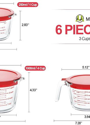 M MCIRCO 6 Pcs Glass Measuring Cups with Lids Set, 1-Cup, 2-Cup, 4-Cup Measuring Jugs with Handle, Nesting Liquid Measuring Cups for Kitchen