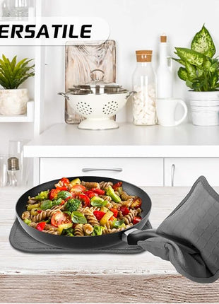 BPA-Free Soft Silicone 4 Piece Oven Mitts & Pot Holders Set - Ultra Heat Resistant Oven Mitts with Thick Cotton Liner - Long Slip Resistant Pot Holders, Flexible Oven Gloves - Gray