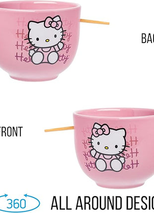 Silver Buffalo Sanrio Hello Kitty Waving Pink Ceramic Ramen Noodle Rice Bowl with Chopsticks, Microwave Safe, 20 Ounces,