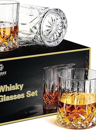 GLASKEY Whiskey Glasses Set of 4,Rock Glasses,11 oz Lead-Free Crystal Bourbon Glass,Old Fashioned Glass for Bourbon,Cognac,Irish Whisky,Personalised Whisky Glass Gift Set for Men,Dad,Brother