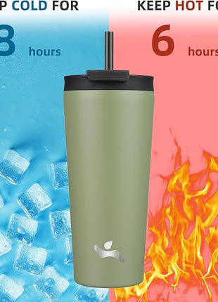 22 OZ Insulated Tumbler with Lid and 2 Straws Stainless Steel Water Bottle Vacuum Travel Mug Coffee Cup,ArmyGreen