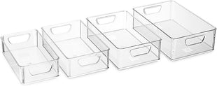 Munfix Set Of 16 Refrigerator Organizer Bins - Plastic Pantry Organization and Storage Baskets - Stackable Food Fridge Organizers with Cutout Handles for Freezer, Kitchen, Countertops, Cabinets