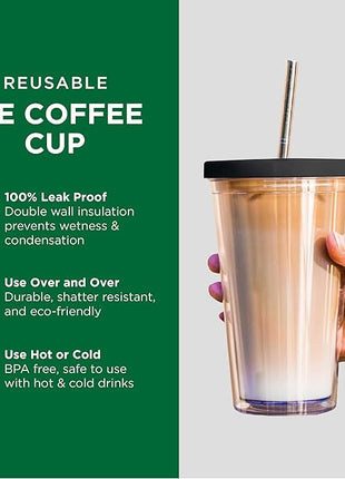 Reusable Iced Coffee Cup (16 Oz/Grande), Leak Proof and Double Wall Insulated Iced Coffee Tumbler, Come with Reusable Plastic and Metal Straws and Straw Cleaner - Black
