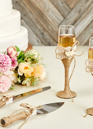 Juvale Wedding Decor Rustic Cake Knife & Server Set with Champagne Flutes - Brown Wood Handles, 13.2in Knife & 11in Server, 7.1oz Flutes - Rustic Wedding Decorations