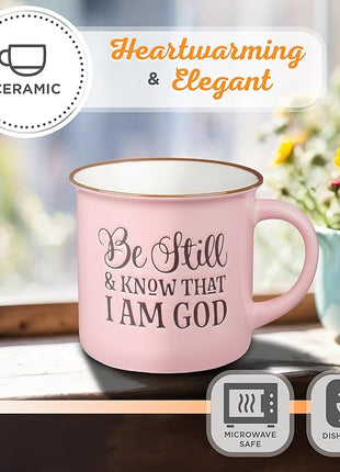Christian Art Gifts Pink Camp Style Ceramic Coffee Mug – 13 oz. Microwave and Dishwasher Safe Inspirational Scripture Coffee and Tea Mug for Women with Bible Verse: Be Still and Know - Psalm 46:10