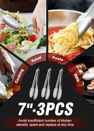 Walfos Kitchen Small Tongs - 7 inch Heavy Duty Mini Food Tongs, Stainless Steel and Non-Slip Heat Resistant Handle - Great for Cooking, Salad, Grilling and Barbecue，3 Piece
