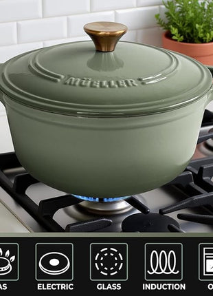MUELLER HOME 4.5 Quart Enameled Cast Iron Dutch Oven For Sourdough Bread Baking, Heavy-Duty, Oven-Safe up to 500° F & Across All Cooktops, Casserole Dishes, Green Kitchen Accessories, Thyme Green