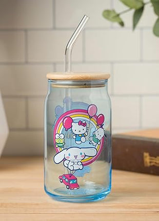 Silver Buffalo Sanrio Hello Kitty & Friends Floating Car Balloons Featuring Cinnamoroll, Pochacco, and Keroppi Glass Jar Tumbler with Bamboo Lid and Glass Straw, 16 Ounces
