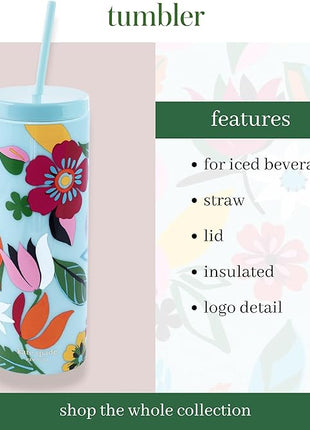 kate spade new york Acrylic Tumbler with Lid and Straw, 24 oz Tumbler, Slim Double Wall Tumbler (Safari Floral)