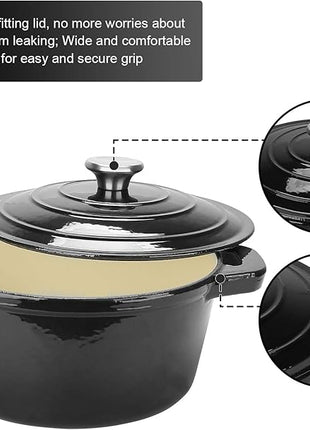 Puricon 5.5 Quart Enameled Cast Iron Dutch Oven with Lid, 5.5 QT Deep Round Dutch Oven Pot with Dual Handles -Black