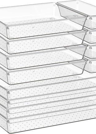 Criusia 12 Pack Large Clear Plastic Drawer Organizer Trays | MULTI-USE Acrylic Drawer Storage for Kitchen, Bathroom, Makeup, Office, School, Undies | College Dorm Room, Home Apartment Essentials