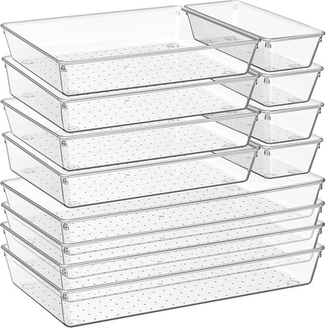 Criusia 12 Pack Large Clear Plastic Drawer Organizer Trays | MULTI-USE Acrylic Drawer Storage for Kitchen, Bathroom, Makeup, Office, School, Undies | College Dorm Room, Home Apartment Essentials