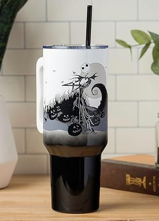 Silver Buffalo Disney Nightmare Before Christmas by Tim Burton Jack Skellington Hill and Moon Stainless Steel Tumbler with Handle and Straw, Fits in Standard Cup Holder, 40 Ounces (Pack of 12)