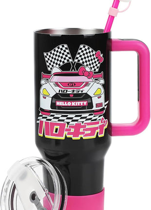 Bioworld Hello Kitty Race Car 40 Oz Black & Pink Stainless Steel Tumbler With Handle