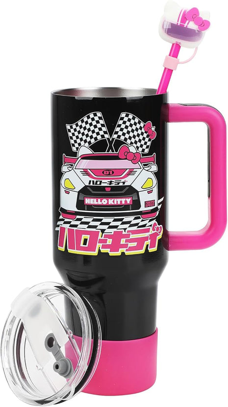 Bioworld Hello Kitty Race Car 40 Oz Black & Pink Stainless Steel Tumbler With Handle