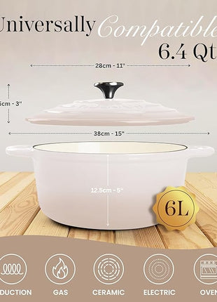 Nuovva Enamelled Cast Iron Dutch Oven Pot with Lid 6.4 Quart Non Stick Casserole Pot – Heavy Duty & Oven Safe up to 500° F for Bread Baking, Braising, Stews, Roasting – 28cm Oyster