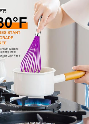 HOTEC 4 Pieces Silicone Whisks Set, Wire Balloon Whisks Egg Beater, Non-slip Handle Whisk for Non-stick Cookware Perfect for Cooking, Stirring, Beating and Blending (Purple)