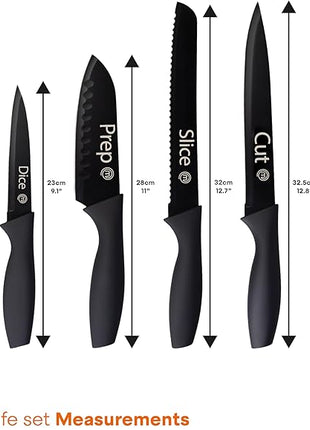 MasterChef Kitchen Knife Set with Covers, 6 Professional Chef Knives for Home Kitchens, Extra Sharp Cutting Stainless Steel Blades & Protective Sheaths, Soft-Touch Easy-Grip Handles, Essential Black