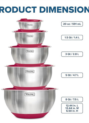 VIKING Mixing Bowls Set, 10 Piece Stainless Steel Kitchen Cookware, Non-Slip Silicone Base, Includes Tight Fit Lids, Dishwasher Safe, Red