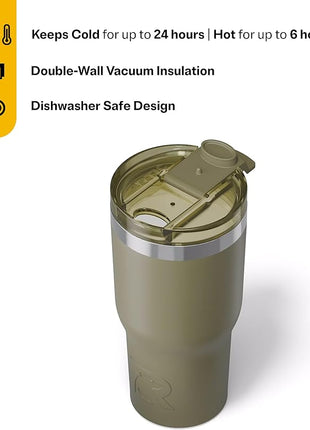 RTIC 20oz Essential Tumbler with Lid, Ceramic Lined, Insulated, Stainless Steel, Metal, Double Wall Vacuum-Insulation, Travel Cup for Iced Coffee, Tea, Hot and Cold Drink, Olive