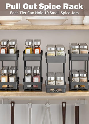 2 Pack Pull Out Spice Rack Organizer for Cabinet, Slide Out Spice Racks Organizer, Spice Cabinet Organizers, Cabinet Size Need:12'' Highx11'' Deepx5'' Wide,Hold 10 Spice Jar Each Tier-2Tier, Black