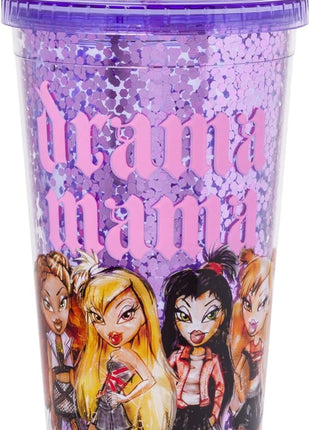 Silver Buffalo Bratz Drama Mama Featuring Cloe, Yasmin, Jade, and Sasha Plastic Confetti Cold Cup with Lid and Straw, 32 Ounces