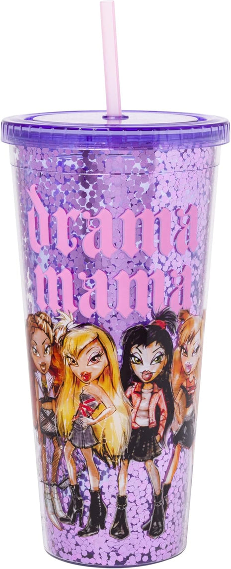 Silver Buffalo Bratz Drama Mama Featuring Cloe, Yasmin, Jade, and Sasha Plastic Confetti Cold Cup with Lid and Straw, 32 Ounces