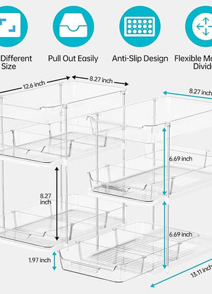 Delamu 2 Sets of 3-Tier Bathroom Under Sink Organizers and Storage, Multi-Purpose Stackable Pantry Organization and Storage, Pull Out Clear Kitchen Bathroom Cabinet Organizer with Movable Dividers