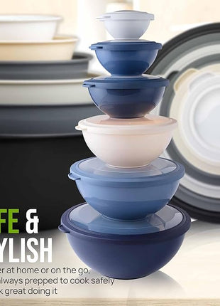 Zulay Kitchen 12 Piece Plastic Mixing Bowls with Leak-Proof Lids Set - Microwave and Freezer Safe Kitchen Mixing Bowls for Preparing, Serving and Storing - Large Nesting Bowls (Navy Ombre)