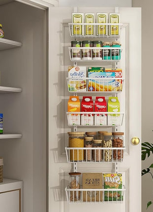12 Inch Wide Narrow Over The Door Pantry Organizer, Pantry Organization and Storage, 6-Tier Metal Hanging Deep Basket Wall Spice Rack Seasoning Shelves, Home & Kitchen Essentials, White
