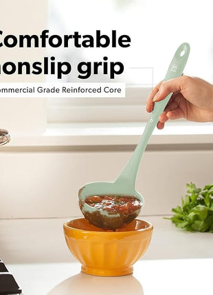 DI ORO Silicone Ladle & Spoons for Cooking – Large Kitchen Spoons for Mixing, Serving, & Stirring - Soup Ladle with Wide Bowl - High Heat Silicone Kitchen Utensils for Nonstick Cookware Safe (Sage)