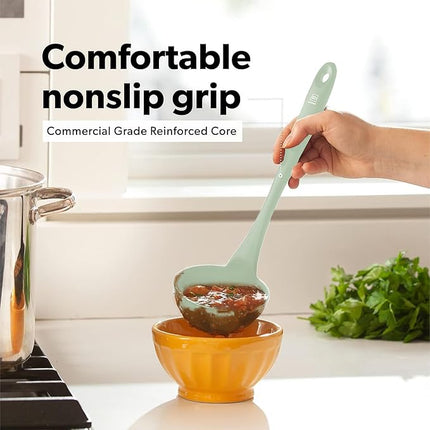 DI ORO Silicone Ladle & Spoons for Cooking – Large Kitchen Spoons for Mixing, Serving, & Stirring - Soup Ladle with Wide Bowl - High Heat Silicone Kitchen Utensils for Nonstick Cookware Safe (Sage)