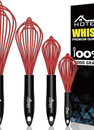 HOTEC 4 Pieces Silicone Whisks Set, Wire Balloon Whisks Egg Beater, Non-slip Handle Whisk for Non-stick Cookware Perfect for Cooking, Stirring, Beating and Blending (Red)