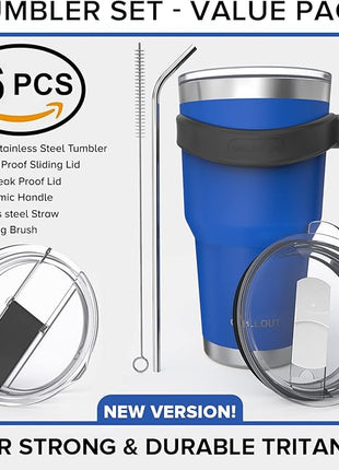 Stainless Steel Travel Mug with Handle 30 oz - 6 Piece Set. Tumbler with Handle, Straw, Cleaning Brush & 2 Lids. Double Wall Insulated Large Coffee Mug Bundle - Royal Blue Powder Coat Tumbler